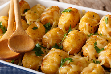 Baked Tater Tots with cheese and herbs close up in a dish baking dish. horizontal