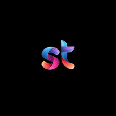 Initial lowercase letter st, curve rounded logo, gradient vibrant colorful glossy colors on black background