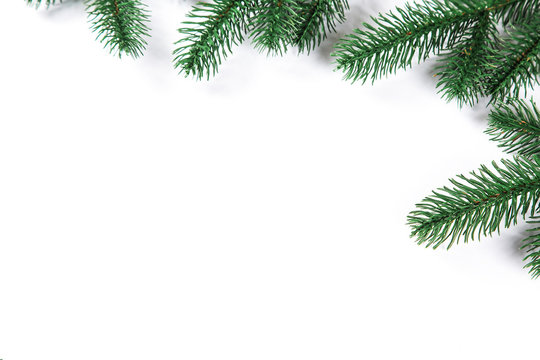 Christmas fir tree frame on white background. Free space