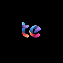 Initial lowercase letter te, curve rounded logo, gradient vibrant colorful glossy colors on black background