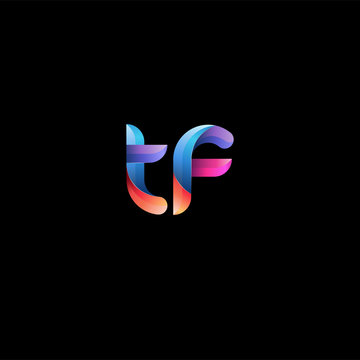 Initial lowercase letter tf, curve rounded logo, gradient vibrant colorful glossy colors on black background