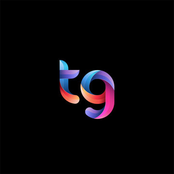 Initial lowercase letter tg, curve rounded logo, gradient vibrant colorful glossy colors on black background