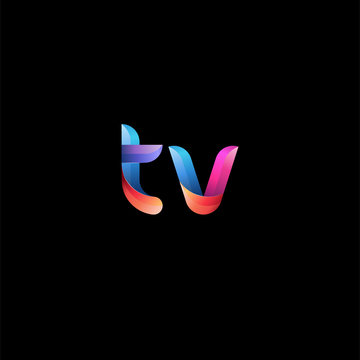 Initial lowercase letter tv, curve rounded logo, gradient vibrant colorful glossy colors on black background