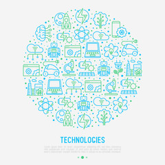Technologies concept in circle with thin line icons of: electric car, rocket, robotics, solar battery, machine intelligence, web development. Vector illustration for banner, web page, print media.