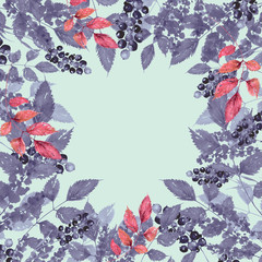     Watercolor abstract background with a floral pattern. blue, purple splash of paint, leaves, plants. Watercolor vintage card, invitation, card for your design. Red autumn leaves, wild flowe, 