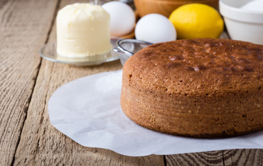 Homemade sponge cake and ingredients