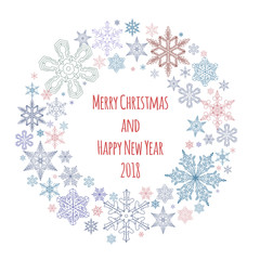 Invitation for a Christmas holiday. Greeting card with a happy new year and Christmas. Christmas wreath of snowflakes.