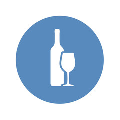 Wine bottle and wineglass vector icon placed in blue circle