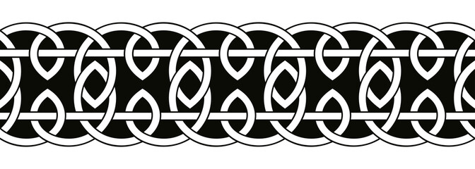 Celtic national seamless ornament interlaced tape. Black ornament isolated on white background.