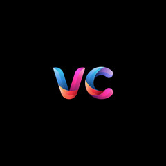 Initial lowercase letter vc, curve rounded logo, gradient vibrant colorful glossy colors on black background