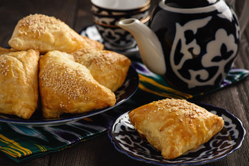Puff pastries with meat (samosa) - traditional uzbek and indian pasrty. 