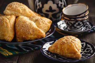 Puff pastries with meat (samosa) - traditional uzbek and indian pasrty. 