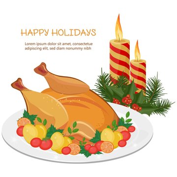 Happy Holidays Vector with turkey and candles
