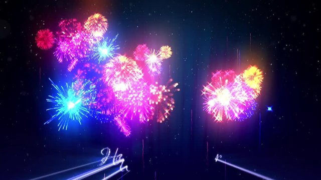 Beautiful multi colored fireworks with laser show on winter night sky in eve New Year. Rich fireworks as holidays background for New Year or Christmas. 3d animation pyrotechnic light show with snow.22