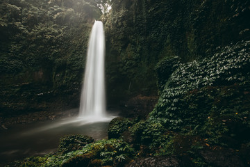 Beautiful big waterfall in green forest. Nature landscape background. Film color toned filter