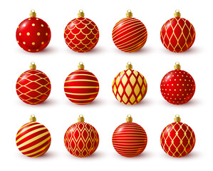 Set of Red Christmas balls with golden ornate