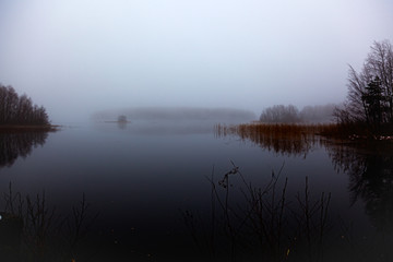 Fototapeta premium Winter landscape - lake, forest, fog