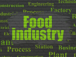 Manufacuring concept: Painted green text Food Industry on Black Brick wall background with  Tag Cloud