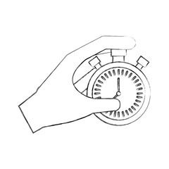hand holding finger on chrome stopwatch with seconds arrow vector illustration