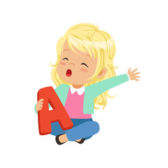 Little blonde girl sitting with crossed legs and holding toy letter A in hand. Educational game for development of speech, therapy exercise. Flat vector design