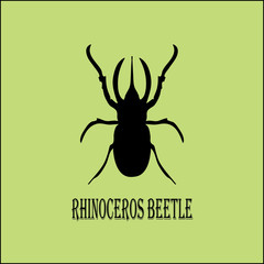 Vector image - black silhouette of rhinoceros beetle on pistachio background. Clear beautiful symmetrical stencil of a large insect.
