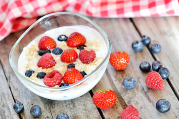 White yogurt in a bowl with oatmeal, blueberries, raspberries and strawberries