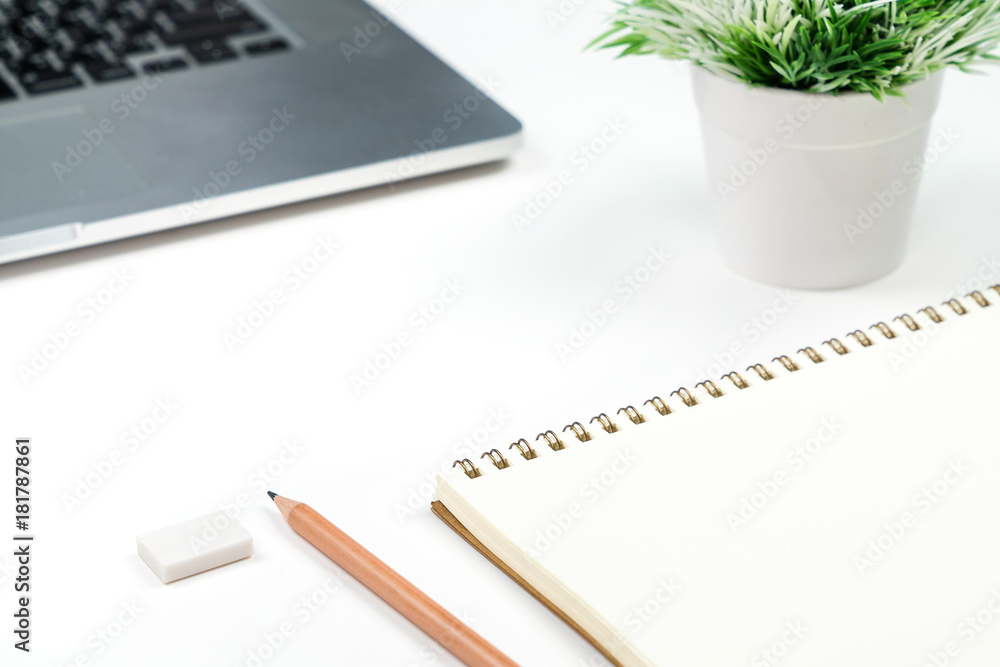 Poster business office work desk table with computer laptop , note and stationery on white table background