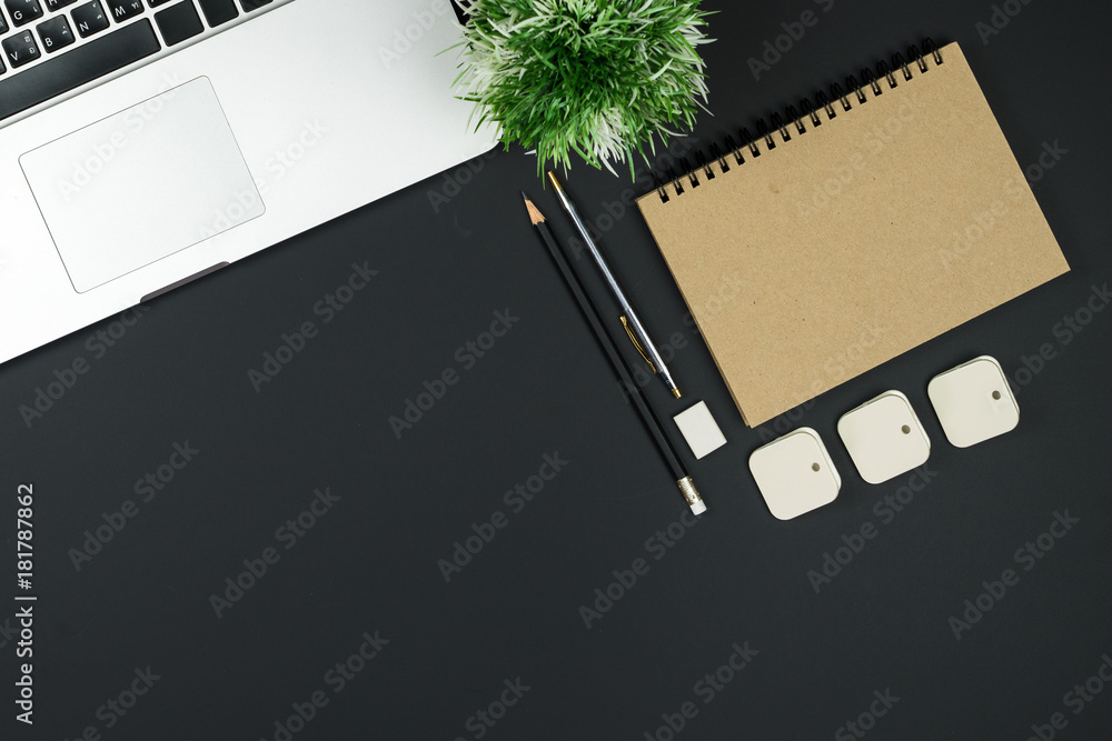 Poster business office work desk table with computer laptop , note and stationery on black table background