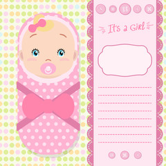 Obraz na płótnie Canvas Invitation background with a cute baby, lettering, decorative scrapbook elements and space for text.