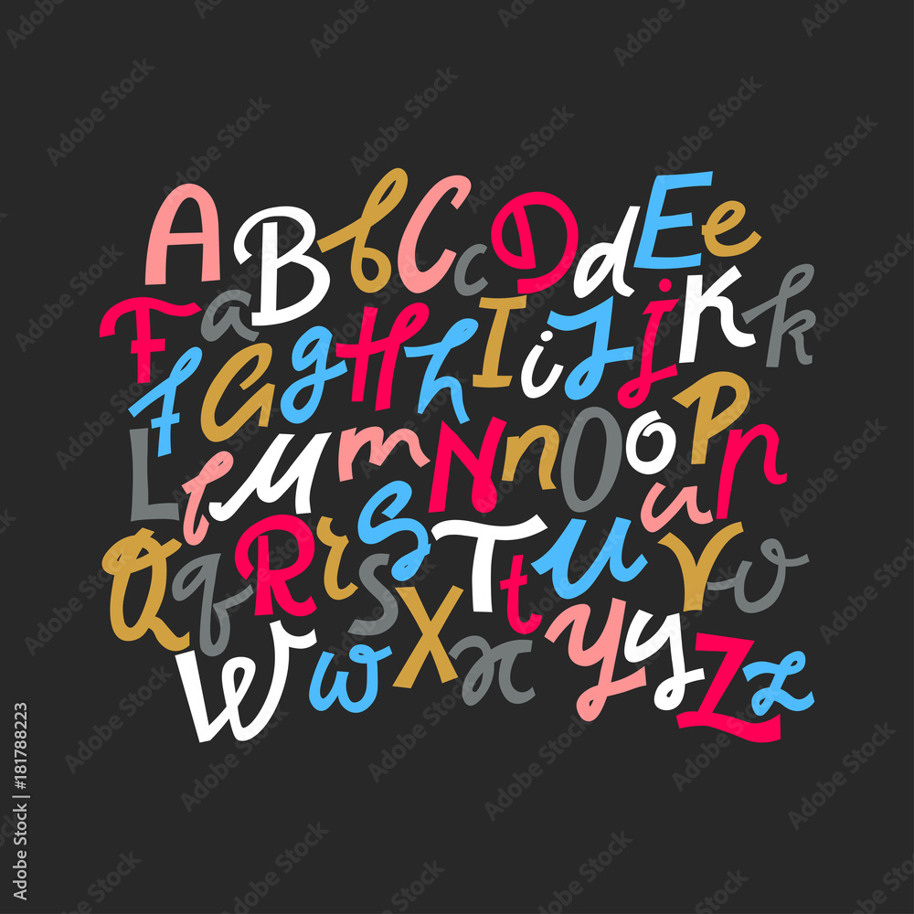Poster vector set of uppercase and lowercase colored handwritten letters on a black background.