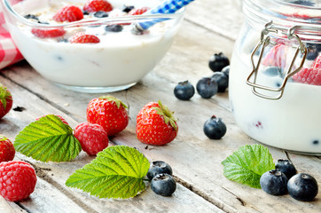 White yogurt in a bowl with oatmeal, blueberries, raspberries and strawberries