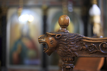 Carved from a tree lion. Element of stasidia in the Orthodox church. Old Jerusalem. Israel.