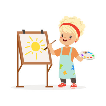 Flat vector illustration of little girl painting on canvas. Kid interested in becoming painter. Dream profession concept