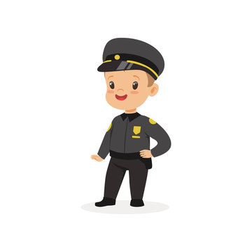 Boy Dream Of Being Grown Up And Working In Police Department. Kid Dressed As Police Officer. Flat Child Character