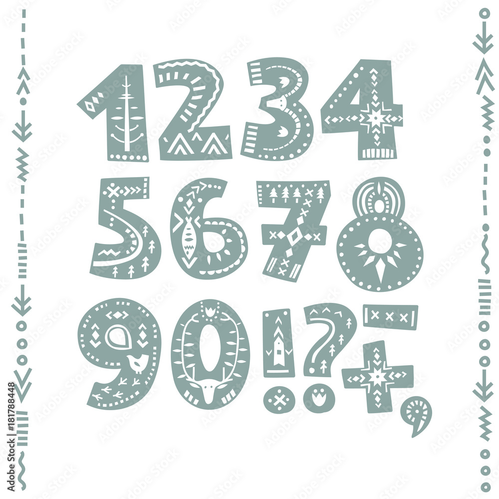 Poster vector set of bold numbers and punctuation marks decorated with nordic folk ornaments. display font.