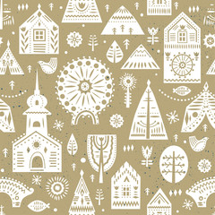 Vector seamless pattern in Scandinavian style on a winter city theme. Beige and whte colors.