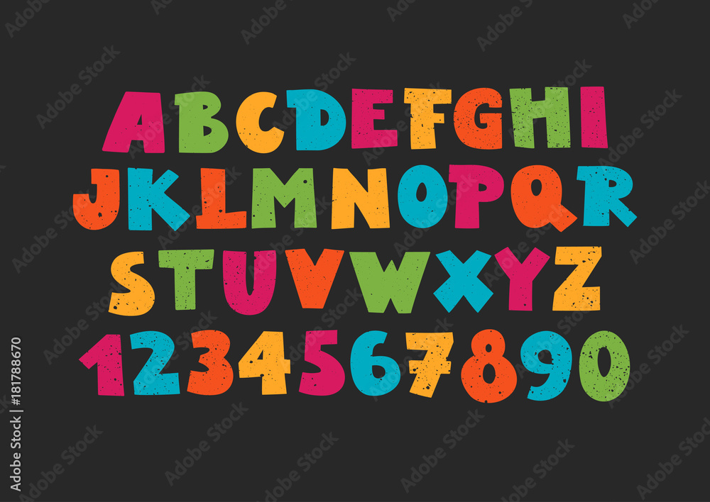 Poster vector uppercase colorful modern alphabet with numbers. funny font on black background.