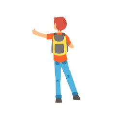 Young male hitchhiker traveling with backpack, man trying to stop a car on a highway by hand, back view, travelling by autostop cartoon vector Illustration