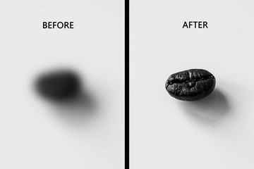 Close-up of grain coffee, on a white background. Concept before and after.