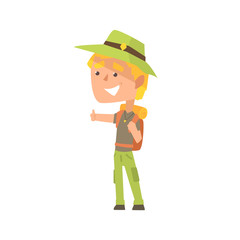 Cartoon male traveler hitchhiker with hat and backpack, man trying to stop a car on a highway by hand, travelling by autostop vector Illustration