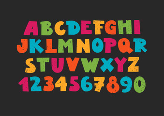 Vector uppercase colorful modern alphabet with numbers. Funny font on black background.