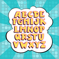 Uppercase vector alphabet with strokes and shadows in comics style.