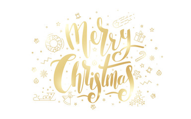 Merry Christmas golden text on white background.