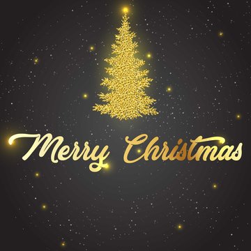 Golden text on black background. Merry Christmas and Happy New Year lettering for invitation and greeting card, prints and posters. Hand drawn inscription, calligraphic design. Vector illustration