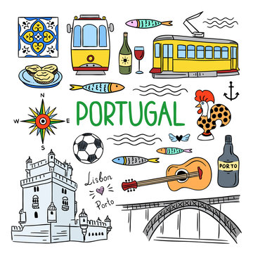 Portugal hand drawn symbols. Visit Lisbon, Porto, Portugal concept. Outline color travel illustrations
