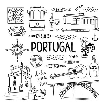 Portugal hand drawn symbols. Visit Lisbon, Porto, Portugal concept. Outline black and white travel illustrations