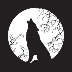 Obraz premium Sylwetka wilka wycie na ilustracji wektorowych księżyc w pełni. Pogański totem, wiccanowska sztuka chowańca