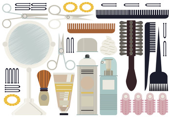 Hair element vector illustration.Hairdresser salon collection icons. Hair style, haircut in hairdresser. In big hairdresser set you found scissors and another hairdresser equipment.