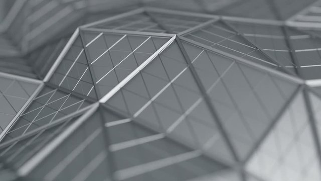 Abstract 3d rendering of triangulated surface, seamless animation. Contemporary loopable background of futuristic polygonal shape. Distorted low poly backdrop design with sharp lines. Loop, 4k, UHD