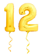 Golden number 12 twelve made of inflatable balloon with golden ribbon on white - obrazy, fototapety, plakaty